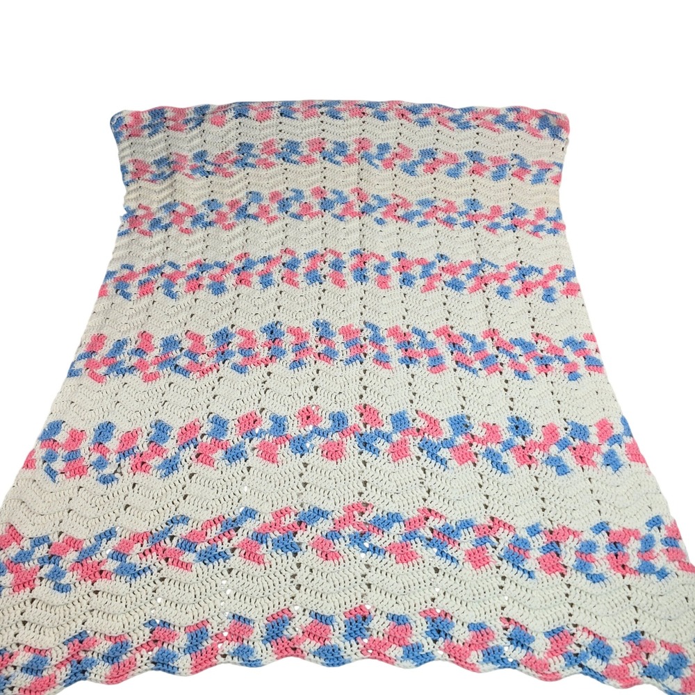 Vintage Handmade Crochet Baby Blanket Pink Blue White Chevron Ripple 38x46